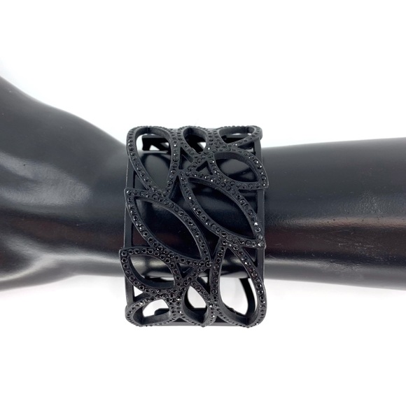 Black Rhinestone Encrusted Hollow Leaf Patterned Hinged Cuff Bracelet - Picture 10 of 14